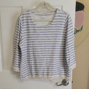 J. Jill Light Blue and White stripe scoop neck fringe trim crop Top szLg
